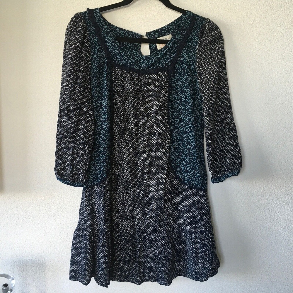 Anthropologie Holding‎ Horses Dress Sz 4 Blue Floral Geo Print Pockets Boho Hobo